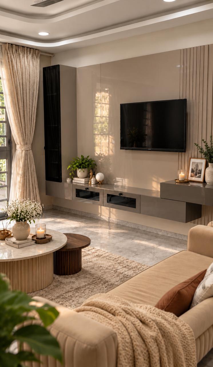 Glossy, contemporary living room TV unit design
